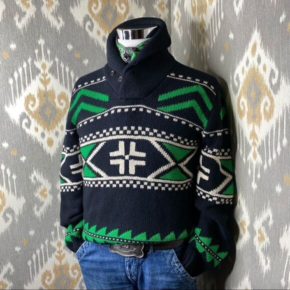 Polo Ralph Lauren Merino Wool Black & Green Multi Geometric Shawl Collar Sweater - Picture 5 of 16